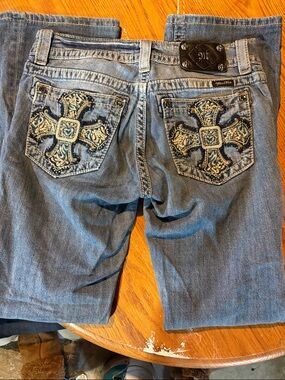 Miss Me Blue Denim Boot Cut Jeans with Embroidered Pocket Crosses
